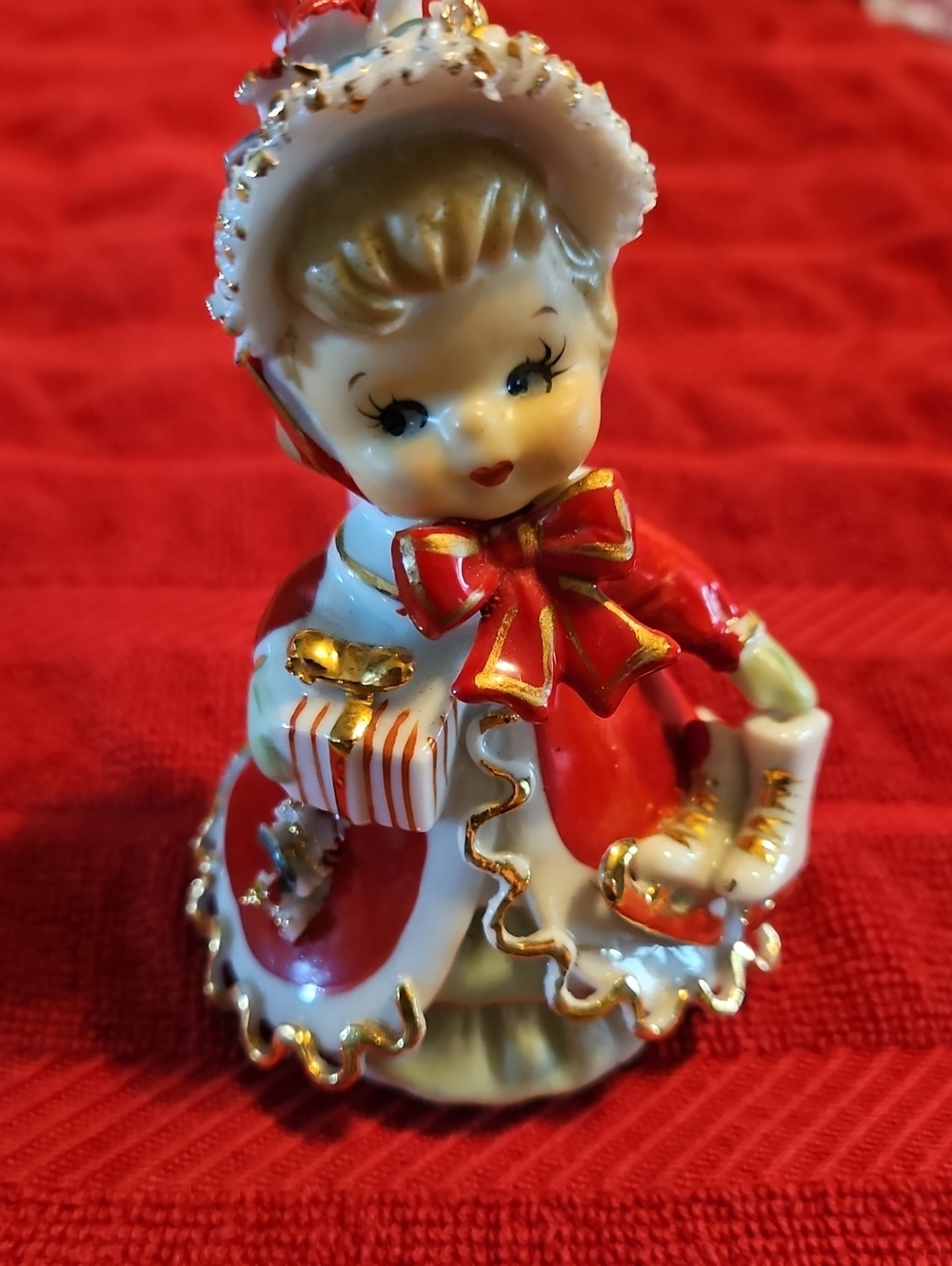 Japan Porcelain 1950's Geo Z Lefton Angel Bell Skates & Present 4" Tall 2" Circ